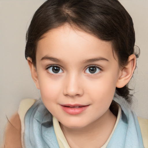 Joyful white child female with medium  brown hair and brown eyes