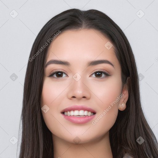 Joyful white young-adult female with long  black hair and brown eyes