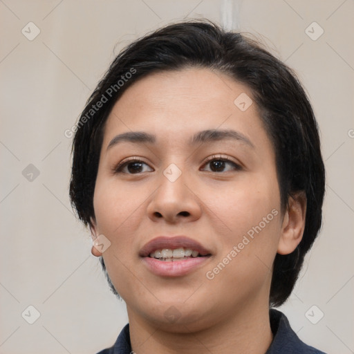 Joyful white young-adult female with medium  black hair and brown eyes