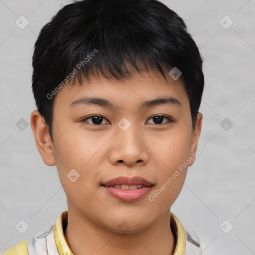 Joyful asian young-adult female with short  brown hair and brown eyes