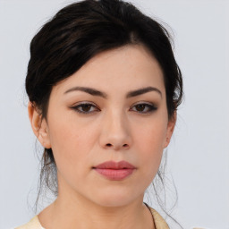 Neutral asian young-adult female with medium  black hair and brown eyes