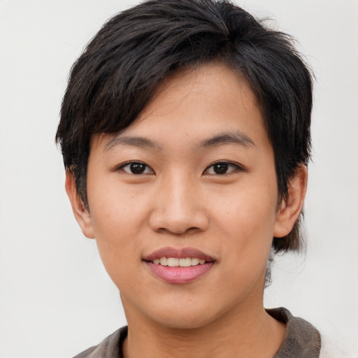 Joyful asian young-adult female with short  brown hair and brown eyes
