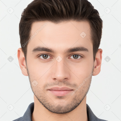 Neutral white young-adult male with short  brown hair and brown eyes