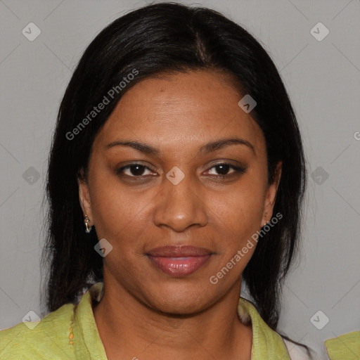 Joyful black young-adult female with medium  black hair and brown eyes