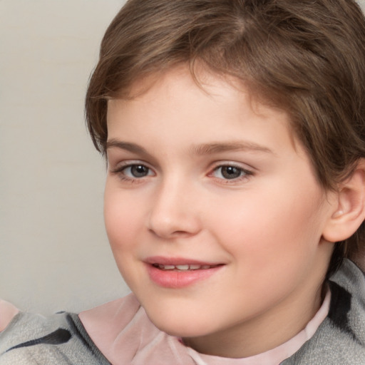 Joyful white child female with medium  brown hair and brown eyes