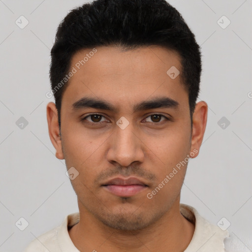 Neutral latino young-adult male with short  black hair and brown eyes