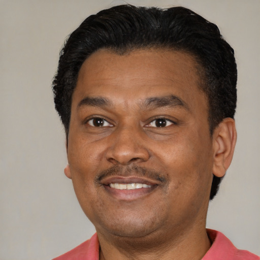 Joyful latino adult male with short  black hair and brown eyes