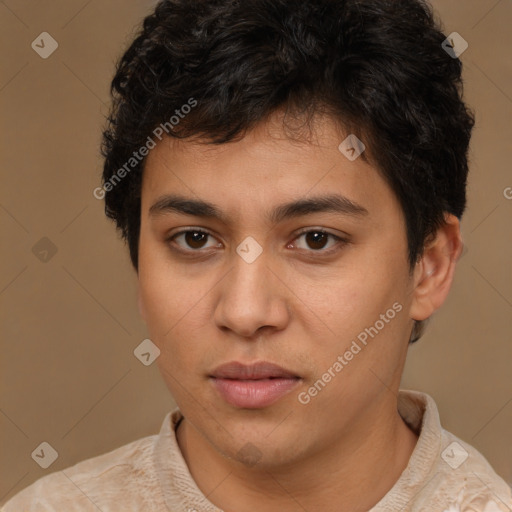 Joyful latino young-adult male with short  brown hair and brown eyes