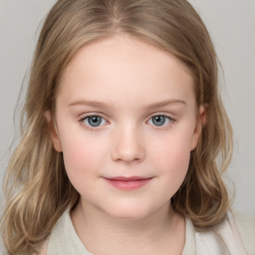 Neutral white child female with medium  brown hair and grey eyes