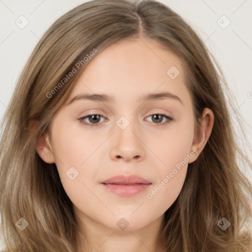 Neutral white young-adult female with long  brown hair and brown eyes