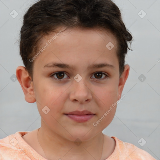 Joyful white child male with short  brown hair and brown eyes