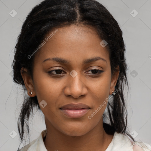 Joyful black young-adult female with medium  brown hair and brown eyes