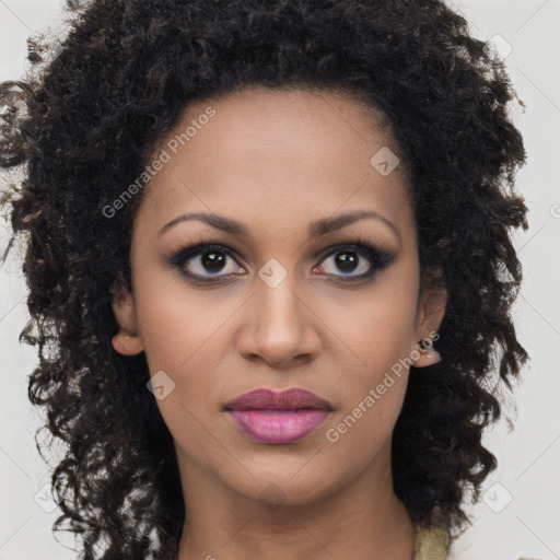 Joyful black young-adult female with medium  brown hair and brown eyes