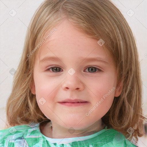 Neutral white child female with medium  brown hair and blue eyes