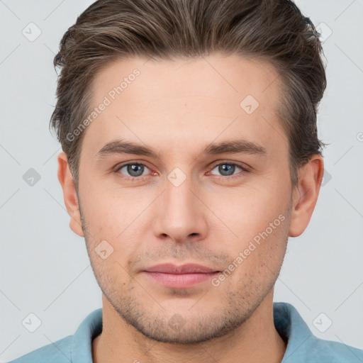 Neutral white young-adult male with short  brown hair and brown eyes