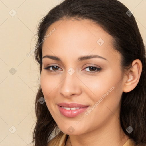 Joyful latino young-adult female with long  brown hair and brown eyes