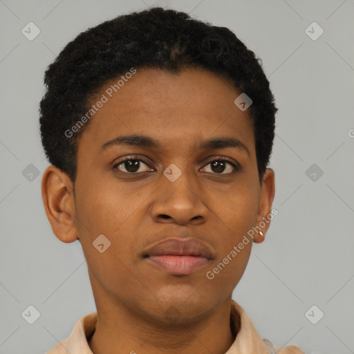 Joyful black young-adult male with short  brown hair and brown eyes