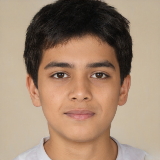 Joyful latino young-adult male with short  brown hair and brown eyes