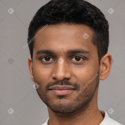 Neutral latino young-adult male with short  black hair and brown eyes