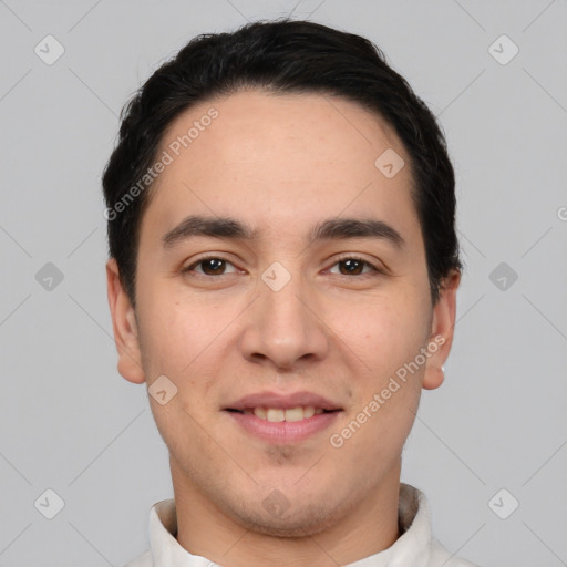 Joyful white young-adult male with short  black hair and brown eyes