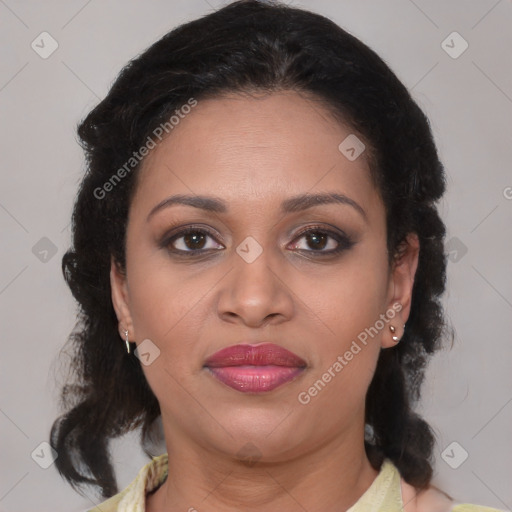Joyful latino young-adult female with medium  brown hair and brown eyes