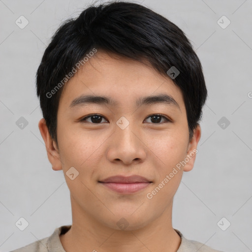 Joyful asian young-adult male with short  brown hair and brown eyes