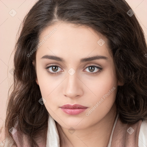 Neutral white young-adult female with long  brown hair and brown eyes