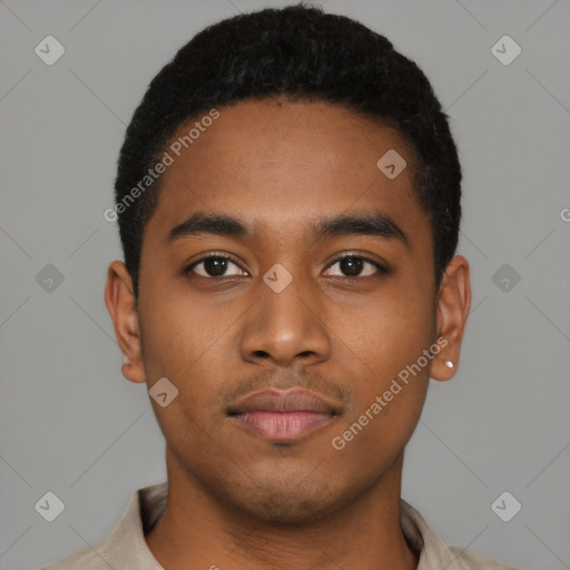 Neutral black young-adult male with short  black hair and brown eyes