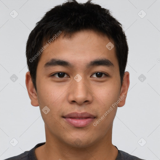 Neutral asian young-adult male with short  brown hair and brown eyes