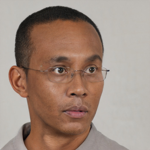 Neutral black adult male with short  black hair and brown eyes