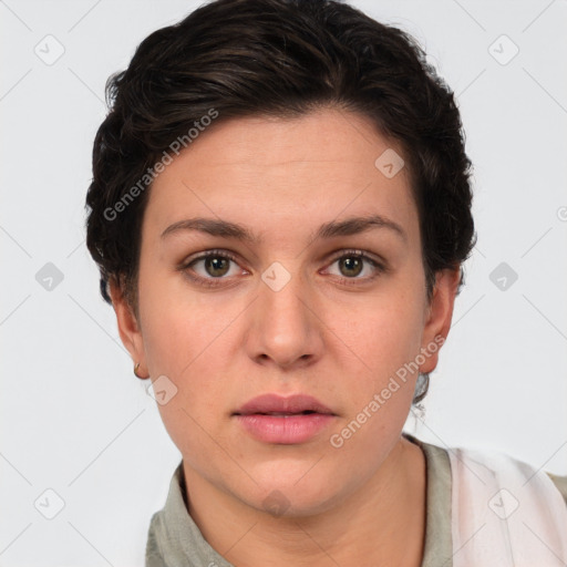 Neutral white young-adult female with short  brown hair and brown eyes