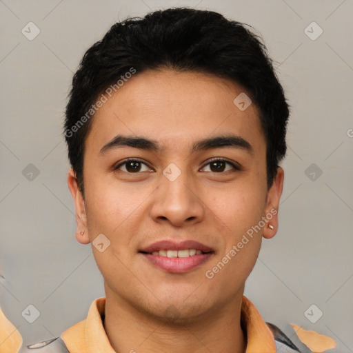 Joyful asian young-adult male with short  brown hair and brown eyes