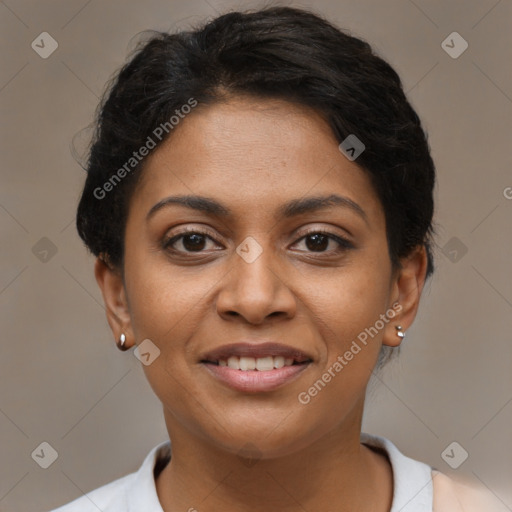 Joyful latino young-adult female with short  brown hair and brown eyes