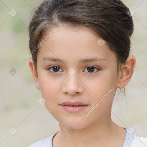 Joyful white child female with short  brown hair and brown eyes