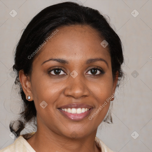 Joyful black young-adult female with medium  brown hair and brown eyes