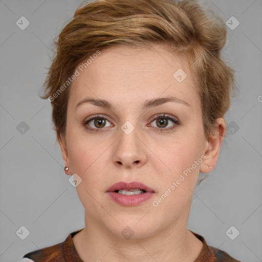 Neutral white young-adult female with short  brown hair and blue eyes