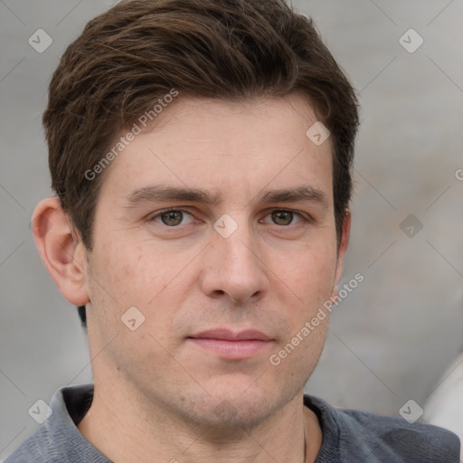 Neutral white young-adult male with short  brown hair and grey eyes