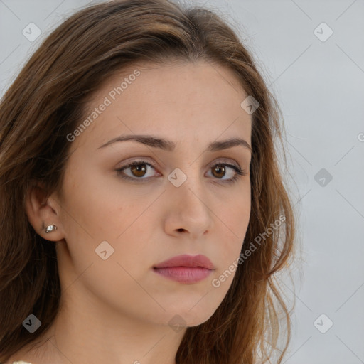 Neutral white young-adult female with long  brown hair and brown eyes