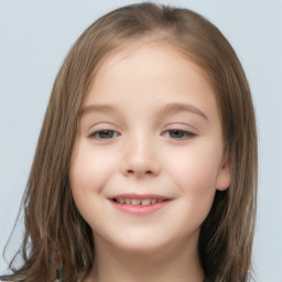 Joyful white child female with long  brown hair and brown eyes