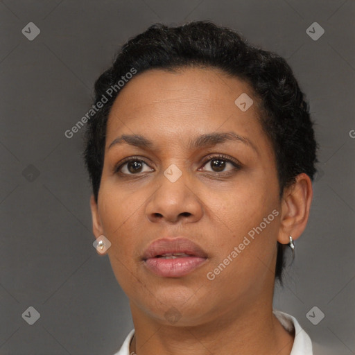 Neutral latino adult female with short  black hair and brown eyes