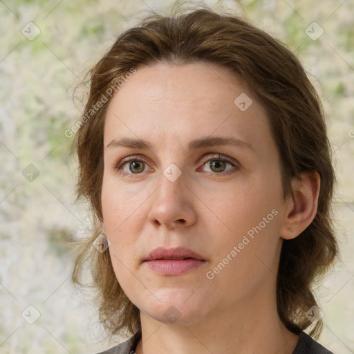 Neutral white young-adult female with medium  brown hair and brown eyes