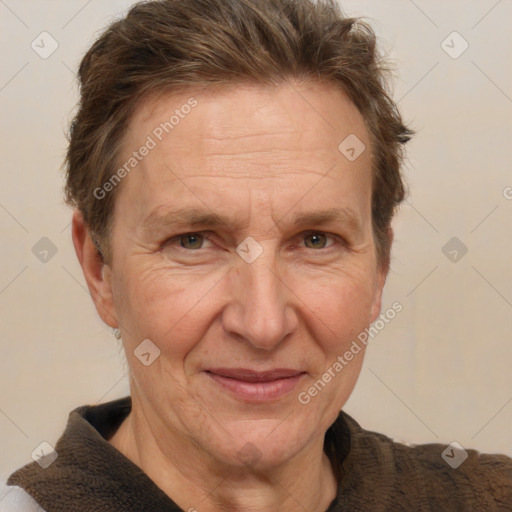 Joyful white middle-aged male with short  brown hair and brown eyes