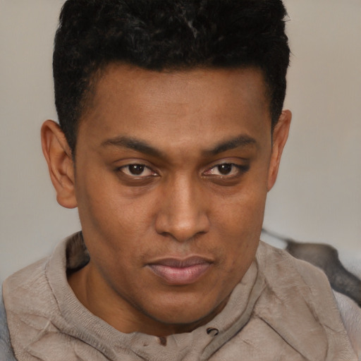 Neutral black young-adult male with short  brown hair and brown eyes