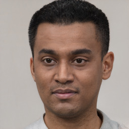 Joyful latino young-adult male with short  black hair and brown eyes