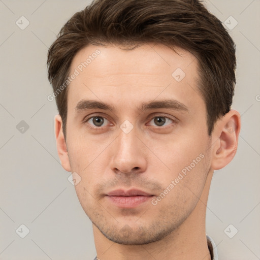 Neutral white young-adult male with short  brown hair and brown eyes