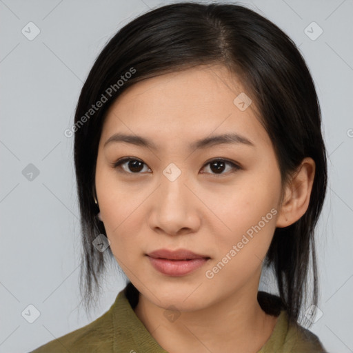 Joyful white young-adult female with medium  brown hair and brown eyes