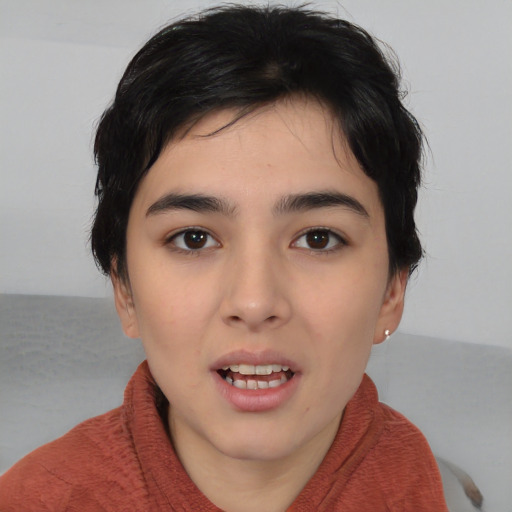 Joyful white young-adult female with medium  black hair and brown eyes