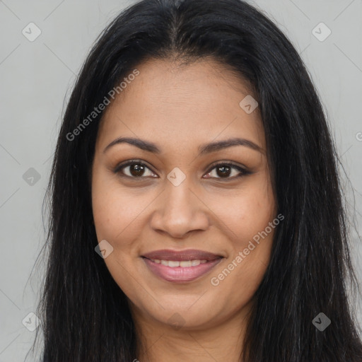 Joyful latino young-adult female with long  brown hair and brown eyes