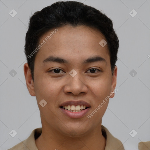 Joyful asian young-adult male with short  brown hair and brown eyes