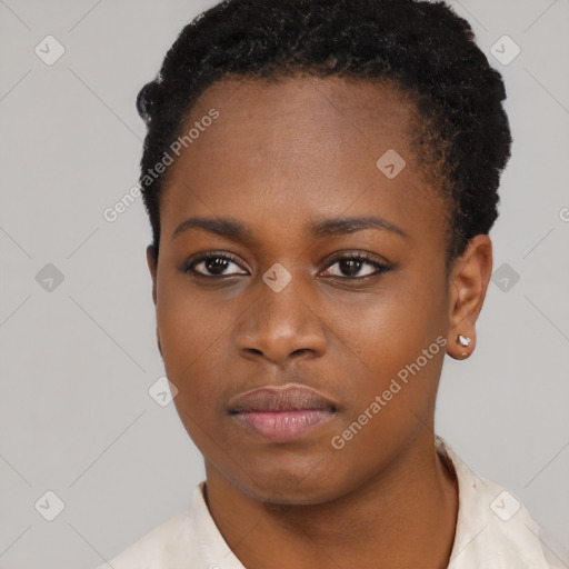 Neutral black young-adult female with short  black hair and brown eyes